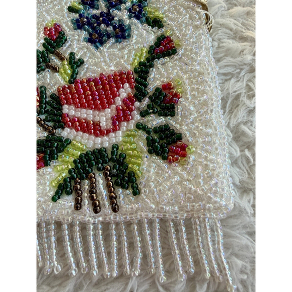 Vintage Floral Hand Beaded Fringe Chain Strap Tiny Seed Evening Purse Flapper - Picture 6 of 16